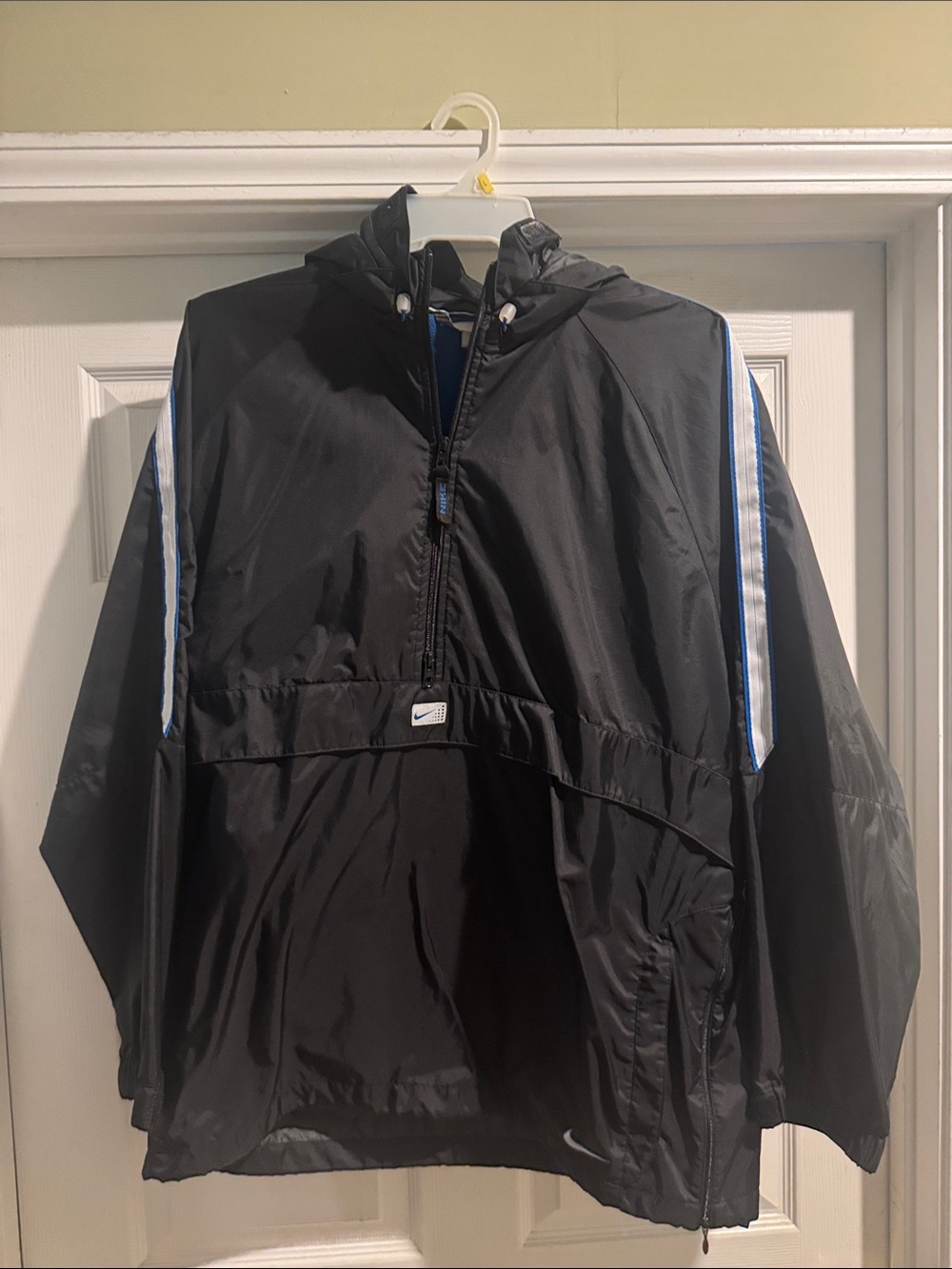 Nike Black Hooded Pullover Jacket with Blue & White Sleeve Stripes